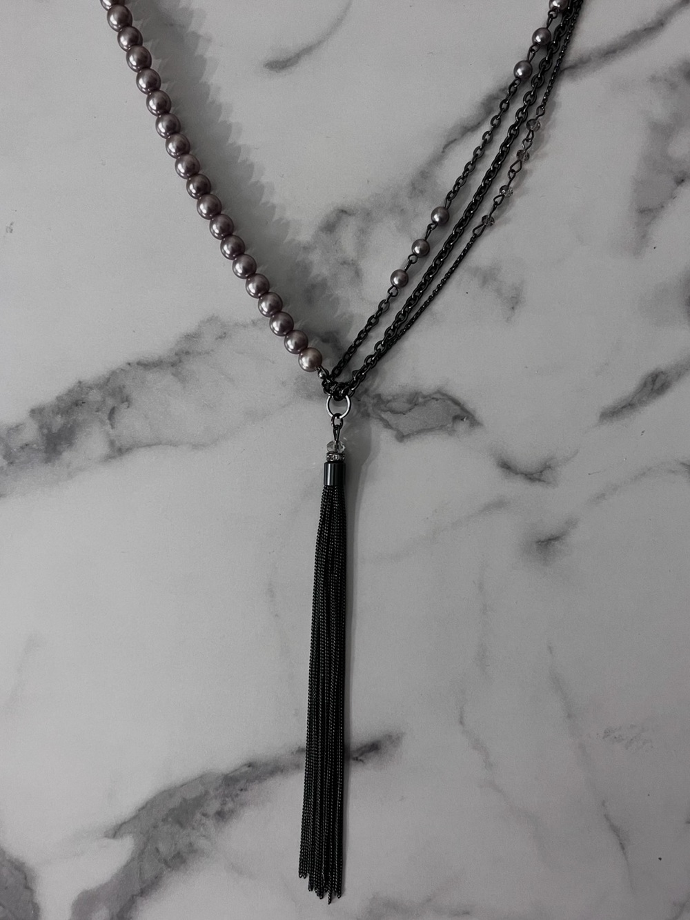 Layered Pearl and Chain Tassel Necklace - Black NWOT
